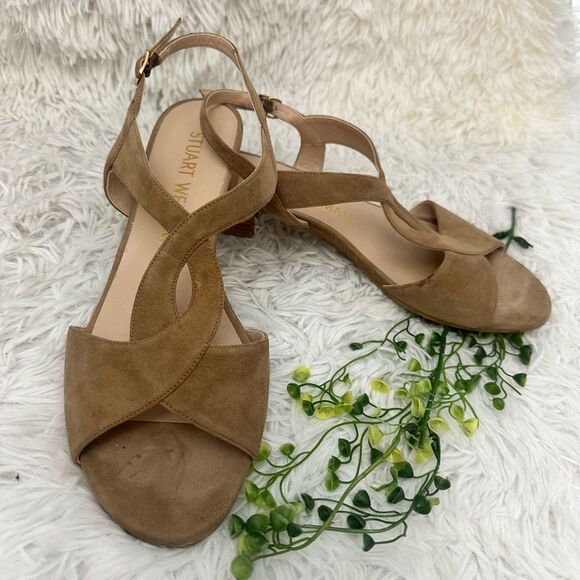 Stuart Weitzman Shalena 25 Suede Low Heel Slingback Sandals Nude Size 9 B - Picture 2 of 9